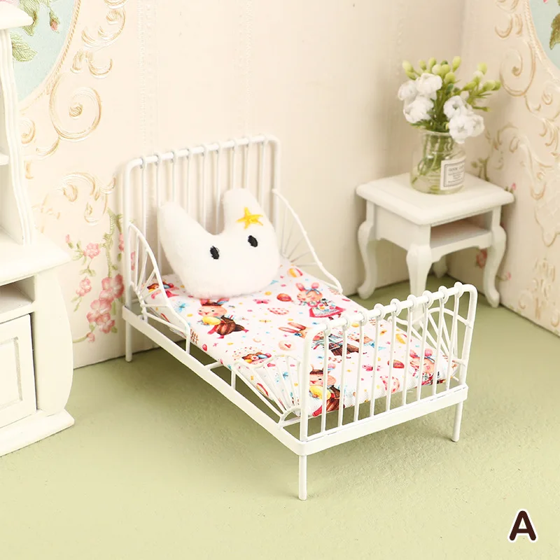Dollhouse Accessories Simulation Furniture Mini Iron Bed Children Bed + Cute Plush Pillow Miniature Scene Ornaments