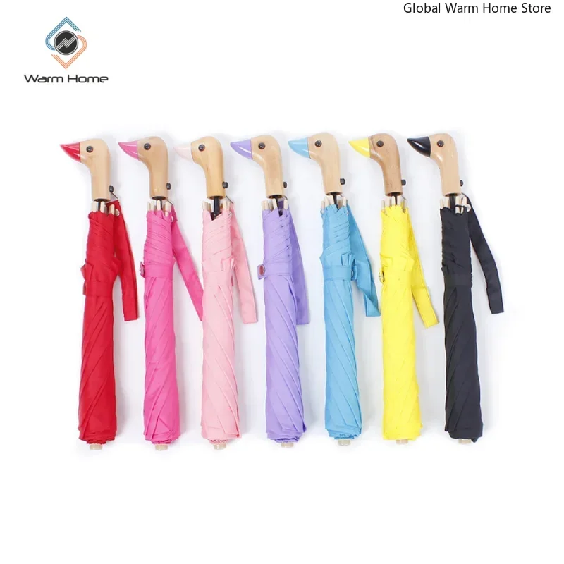 Umbrella Male Ins Cute Duck Head Wooden Handle UV Umbrellas Sunny Rainy Windproof Automatic 2-Folding Sun Parasol for Women Gift