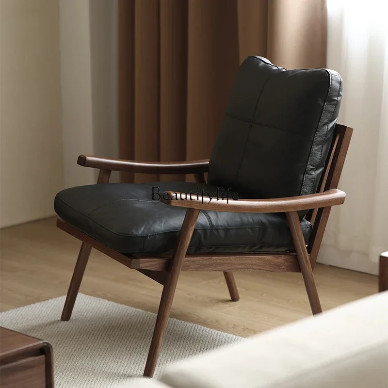 

North American black walnut leisure chair Nordic single leather chair Italian light luxury furniture