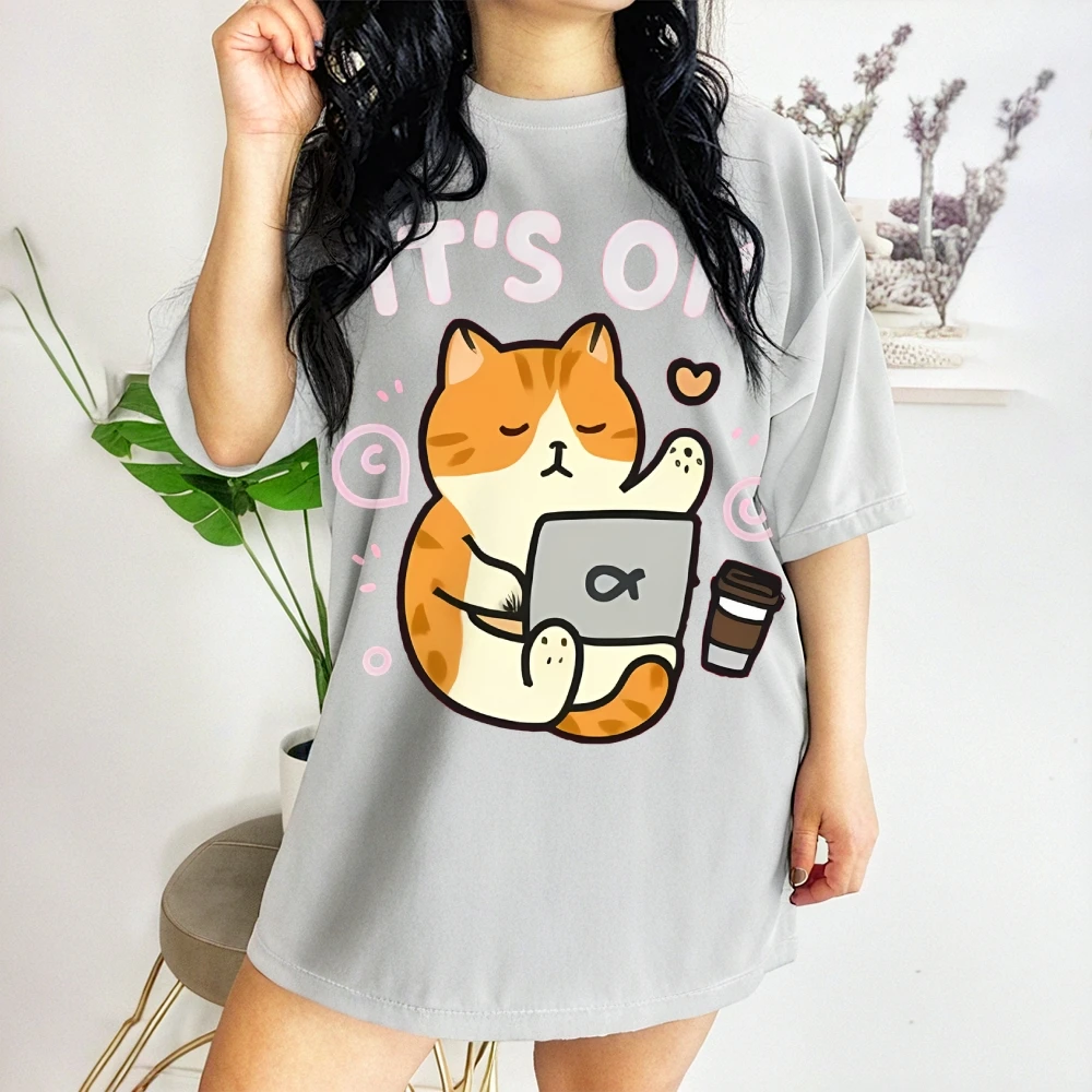 빈티지 아메리칸 그래픽 티셔츠 여름 여성 반팔 한국 스타일 귀여운 고양이 패턴 티 코튼 Y2K 루즈 반팔