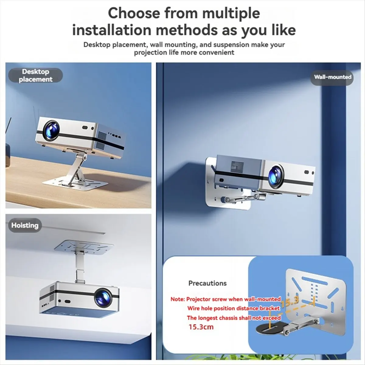 Universal Projector Bracket with 1/4 Inch Screw Desk, Ceiling and Wall Mount Adjustable Foldable Projector Stand Silver