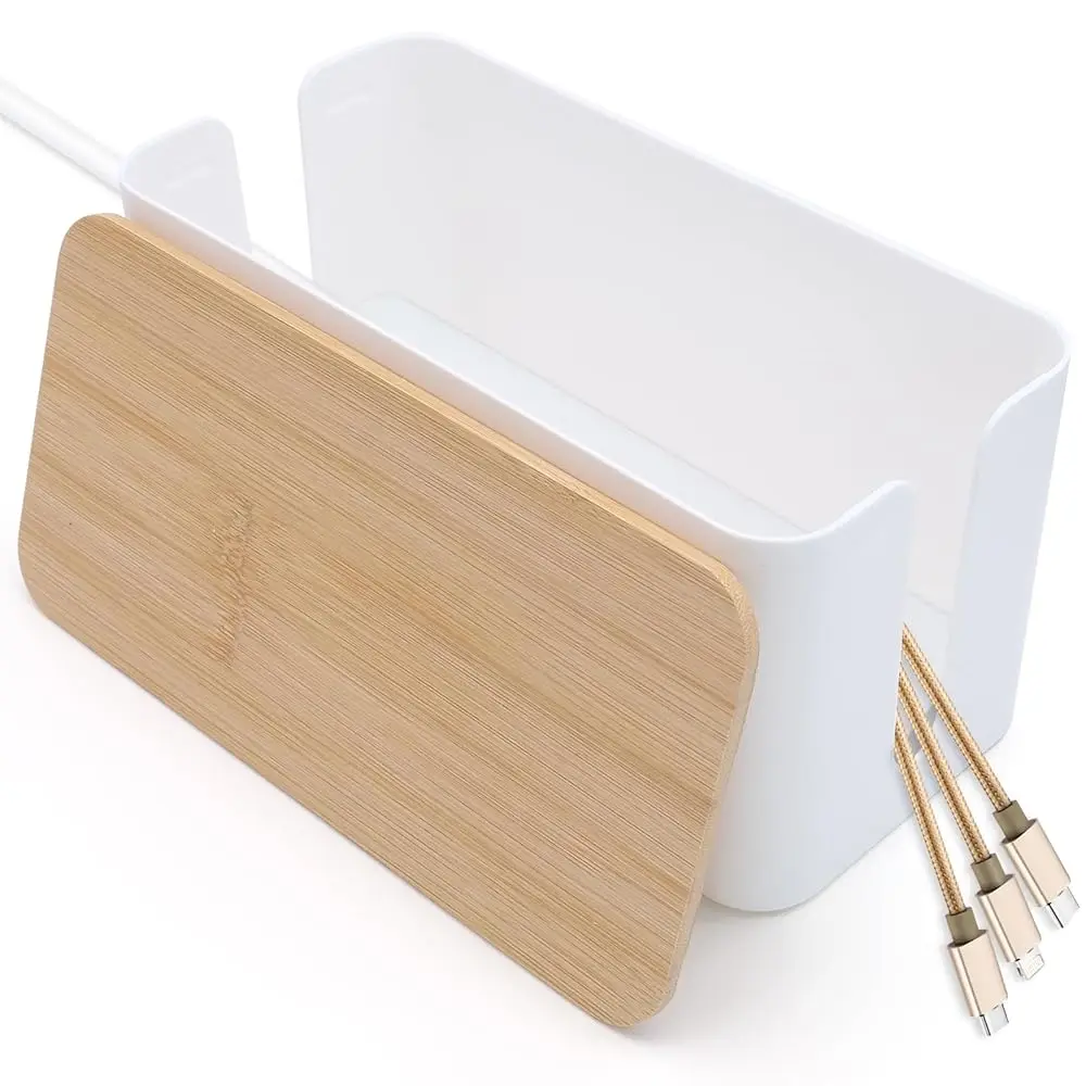 

Белый органайзер для кабелей с бамбуковой крышкой, коробка для хранения и скрытия проводов и вилок
