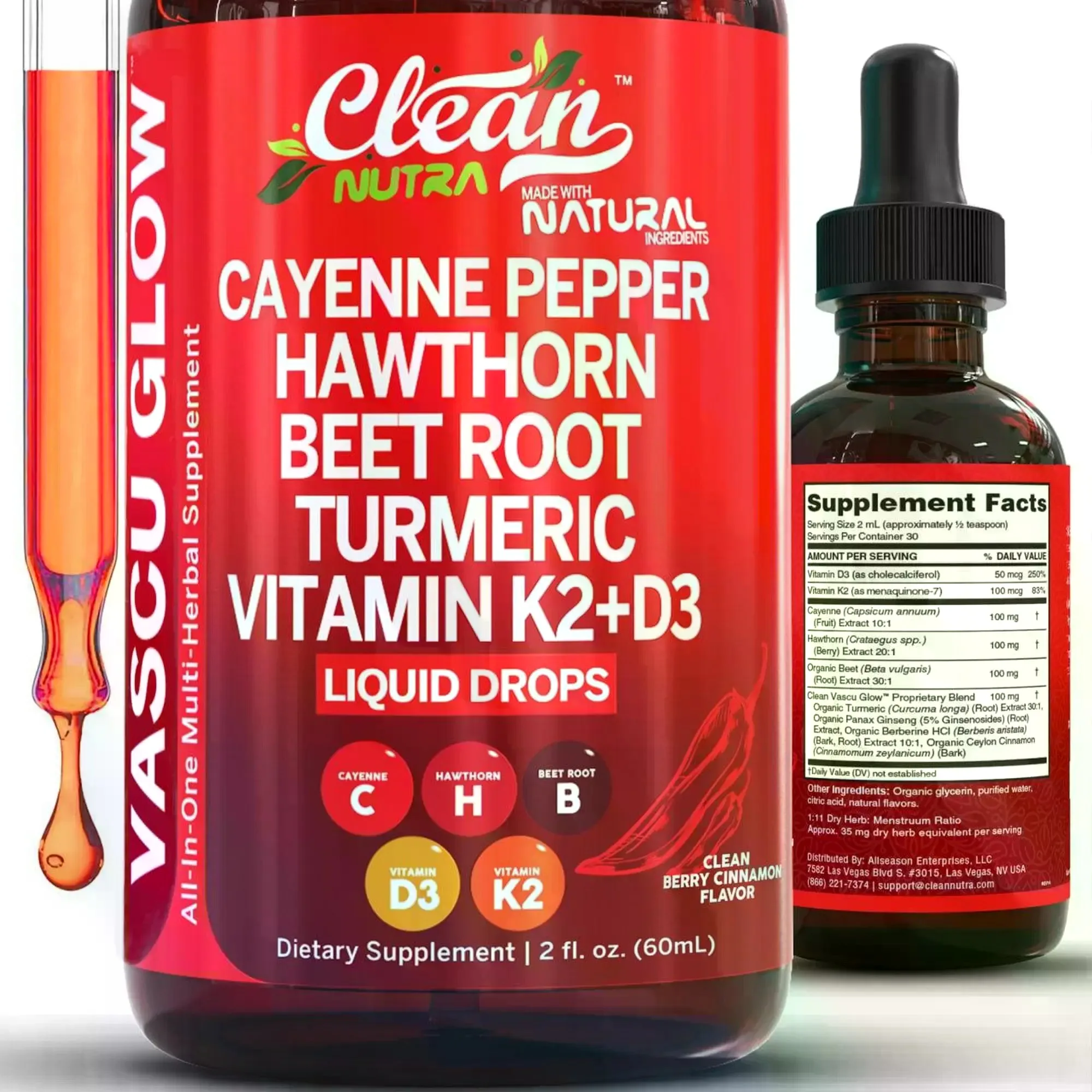 Vitamin D3 K2 Drop - Clean Nutra Cayenne-Pfeffer-Tropfen mit Weißdorn, Rote