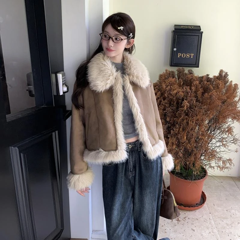 المرأة شتاء 2025 وصول جديد خمر النمط الأمريكي صوف الضأن سترة قصيرة عادية محب معطف قصير مع مظهر مميز #5