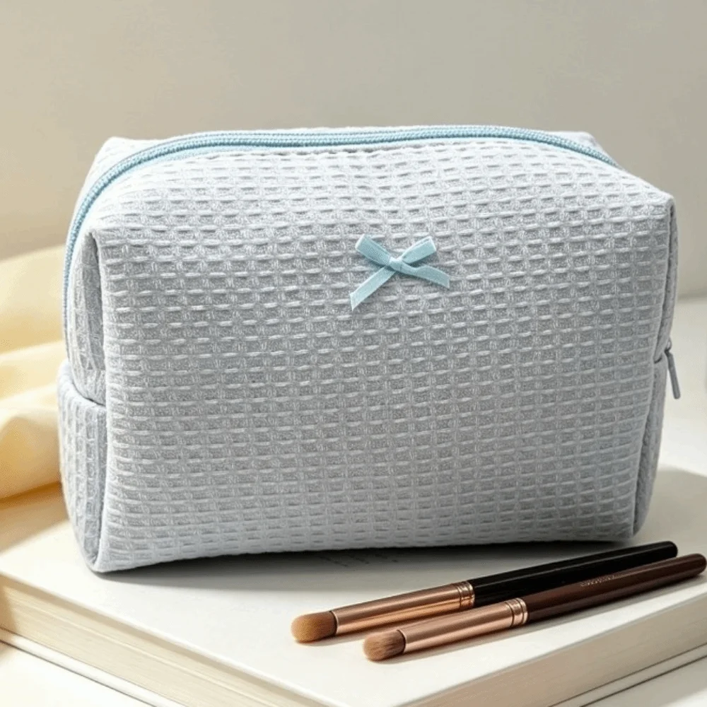 Sweet Bow Decor Waffle Knit Makeup Bag Zipper Large Capacity Cosmetic Bag Lightweight Portable Toiletry Organizer Daily