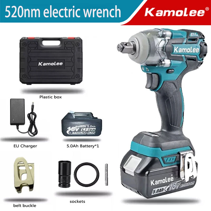 Электрический ударный гайковерт Kamolee DTW285 A/B/C, бесщеточный и беспроводной 520N, пластиковый ящик + аккумулятор, подходит для батареи Makita 18 В.