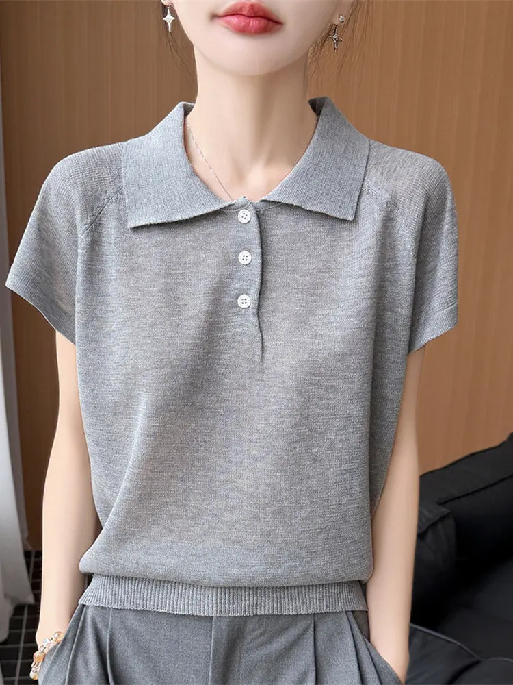 Elegant Ice Silk Knitted Short Sleeve  Shirt Loose Fit Bamboo Fiber Casual Style Women's T-shirt Breathable High Waist