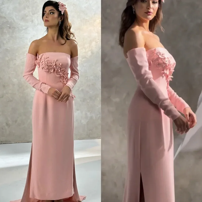 Aleeshuo Elegant Long Slit Evening Dresses Appliques Satin Saudi Arabric Prom DressStrapless Long Sleeves Backless Ankle Length