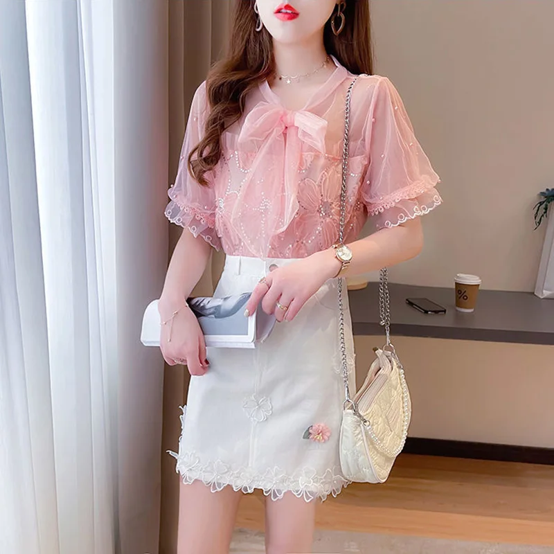 

Korean Fashion Beading Sequined Mesh Lace Splice Chiffon Blouse Woman 2022 Summer New Elegant Commute All-match Bow Ruffle Shirt