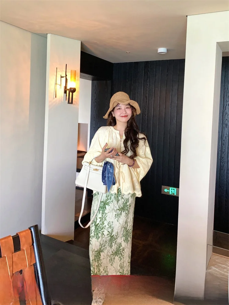 

Женский комплект Ele из чистого хлопка с цветочным принтом: повседневный костюм для весны и осени, свободный крой, длинный рукав, круглый вырез