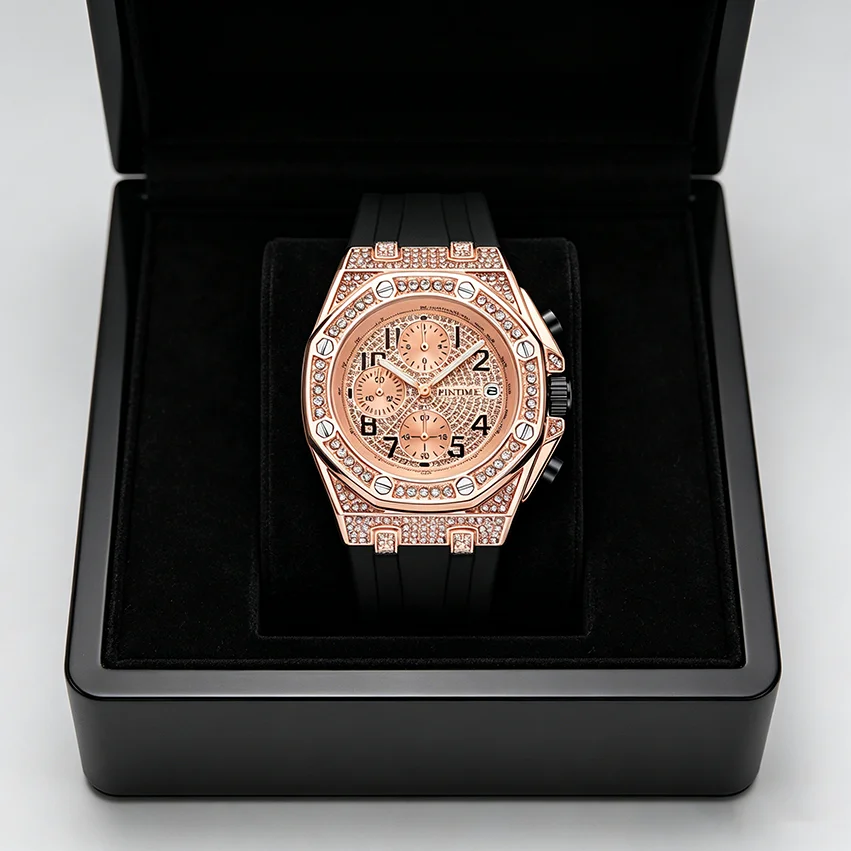 

Luxury Men Watch Iced Out Diamond Rose Gold Octagon Quartz Watch Silicone Strap Hip Hop Male Clock Relogio Masculino