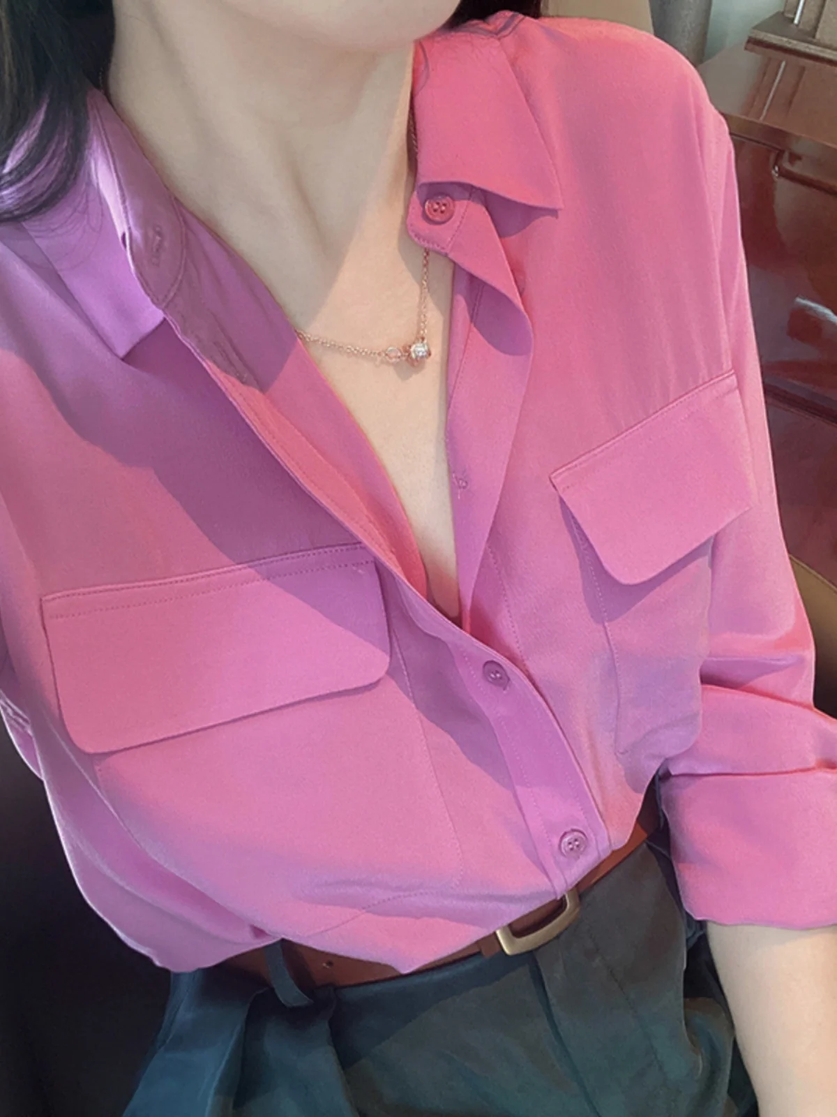 

Розовая шифоновая блузка женская повседневная с длинным рукавом, весна-осень, высококачественная, в стиле Lazy Sle, бренд Bule, европейские товары, женская блузка