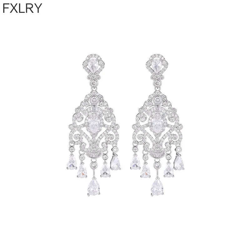 

FXLRY Heavy Industry High-grade S925 Silver Needle Long Zircon Luxury Water Drops Tassel Earrings for Women