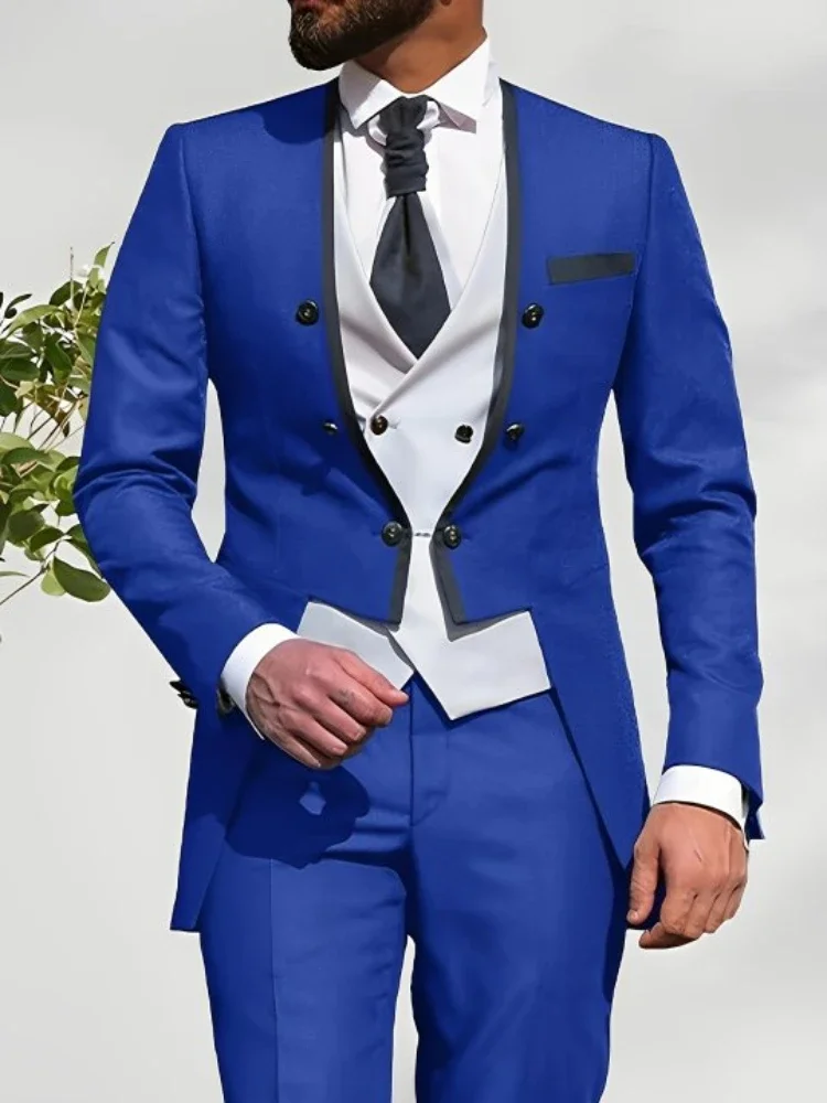 Trajes nuevos para hombre, traje azul elegante de Color sólido con doble botonadura, chaqueta de talla grande, chaleco y pantalones, conjunto de 3 uds, trajes de boda para hombre