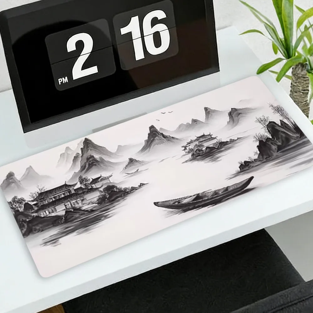 Anti-slip bottom backing, with a design featuring black and white ink-wash landscape paintings alfombrillas para escritorio