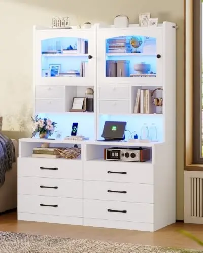 59" Tall Nightstand Set of 2 with Charging Station and 3 Drawers, White Night Stand with Acrylic Display Cabinet and