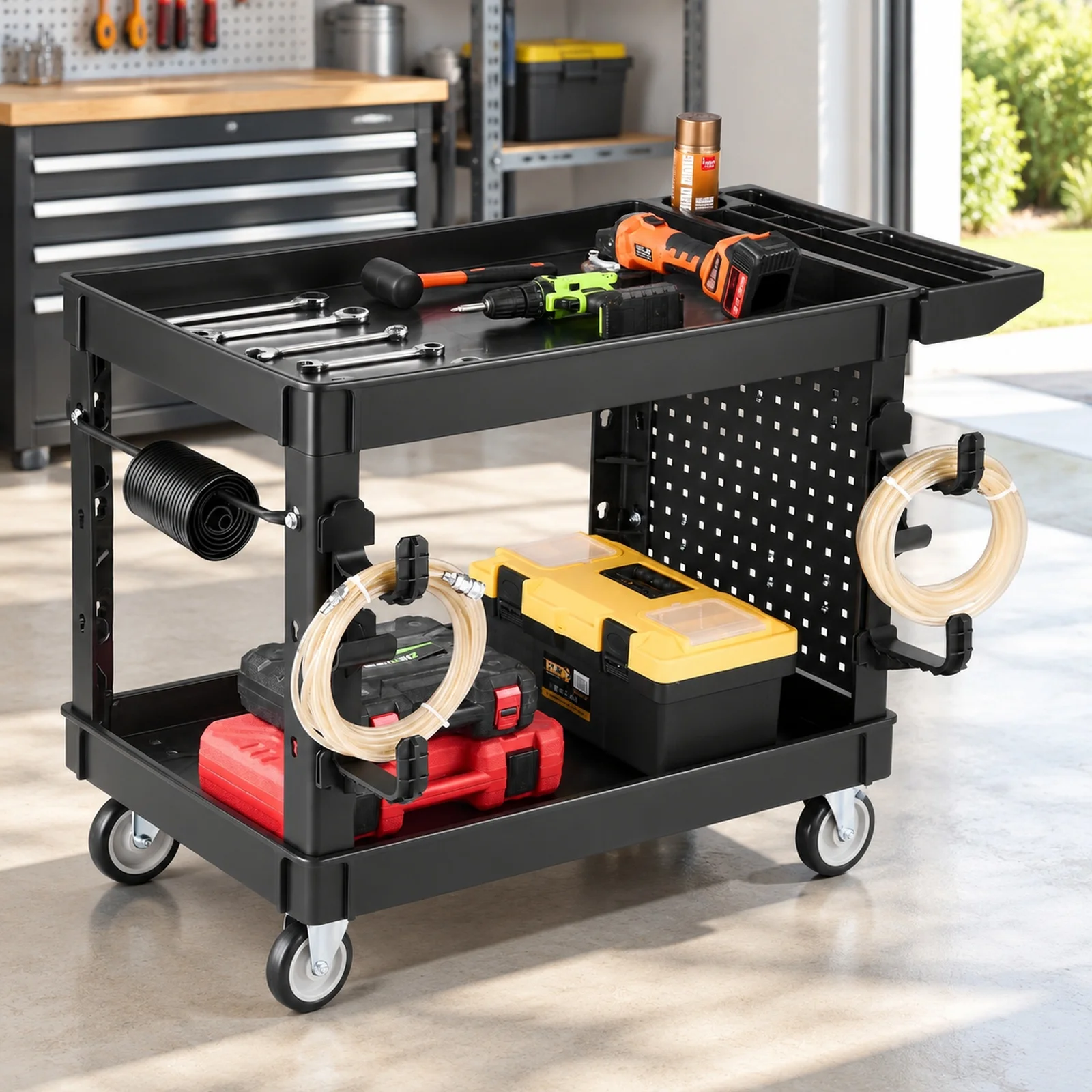 Utility Cart, 550 lbs Capacity, 2 Tier Service Cart with 360° Swivel & Fixed Wheels (2 with Brakes), Heavy Duty Plastic Rolling
