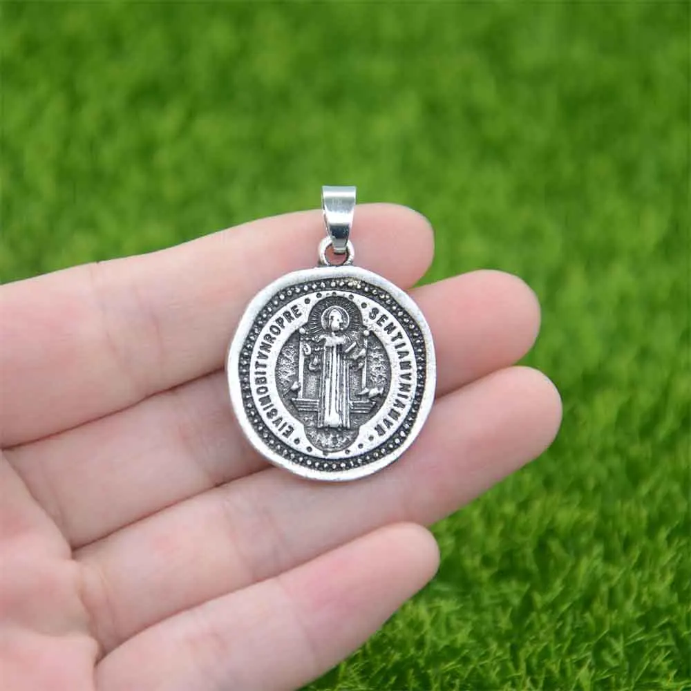 St Benedict Of Nursia Patron Against Evil Saint Medal Religious Pendant Catholic Jewelry Vintage Necklace