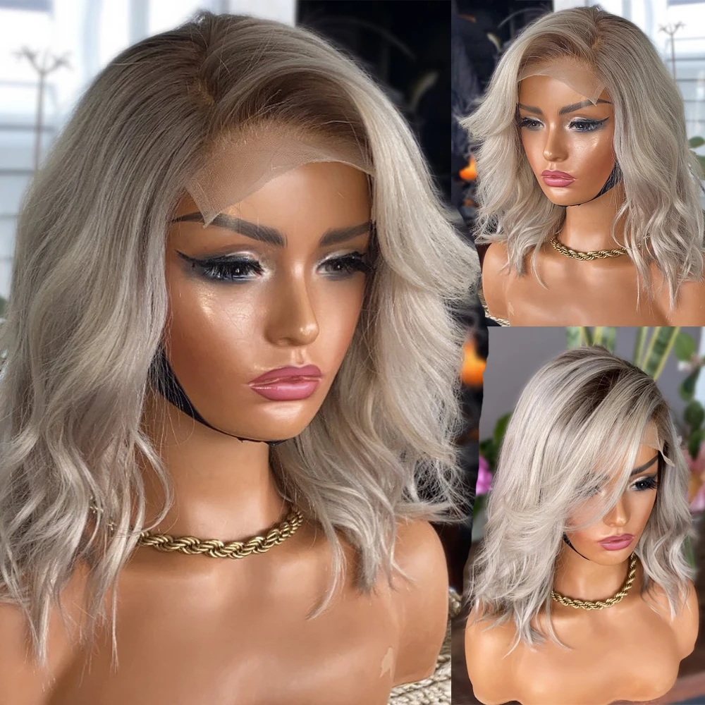 

Ombre Ash Blonde Grey HD Transparent Lace Front Wigs Human Hair for Women Natural Wave Full Lace Wig Pre plucked Bleached Knots