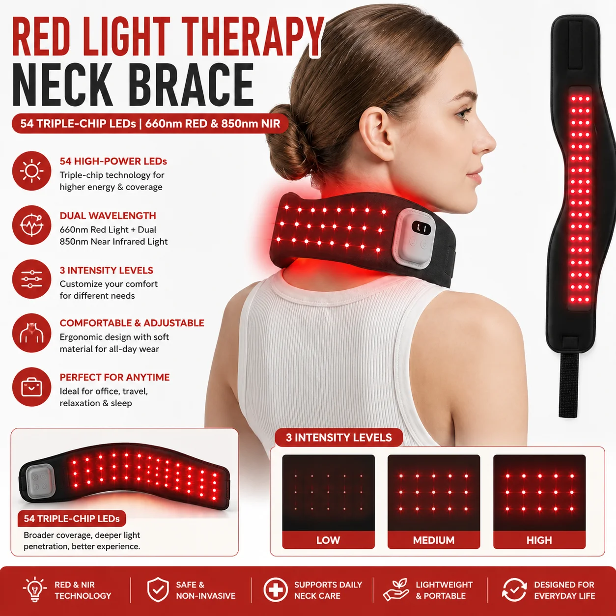 Red Light Neck Wrap,660nm & 850nm Light,Adjustable 3 Modes,Comfortable Neck Support for Office,Travel & Daily Use