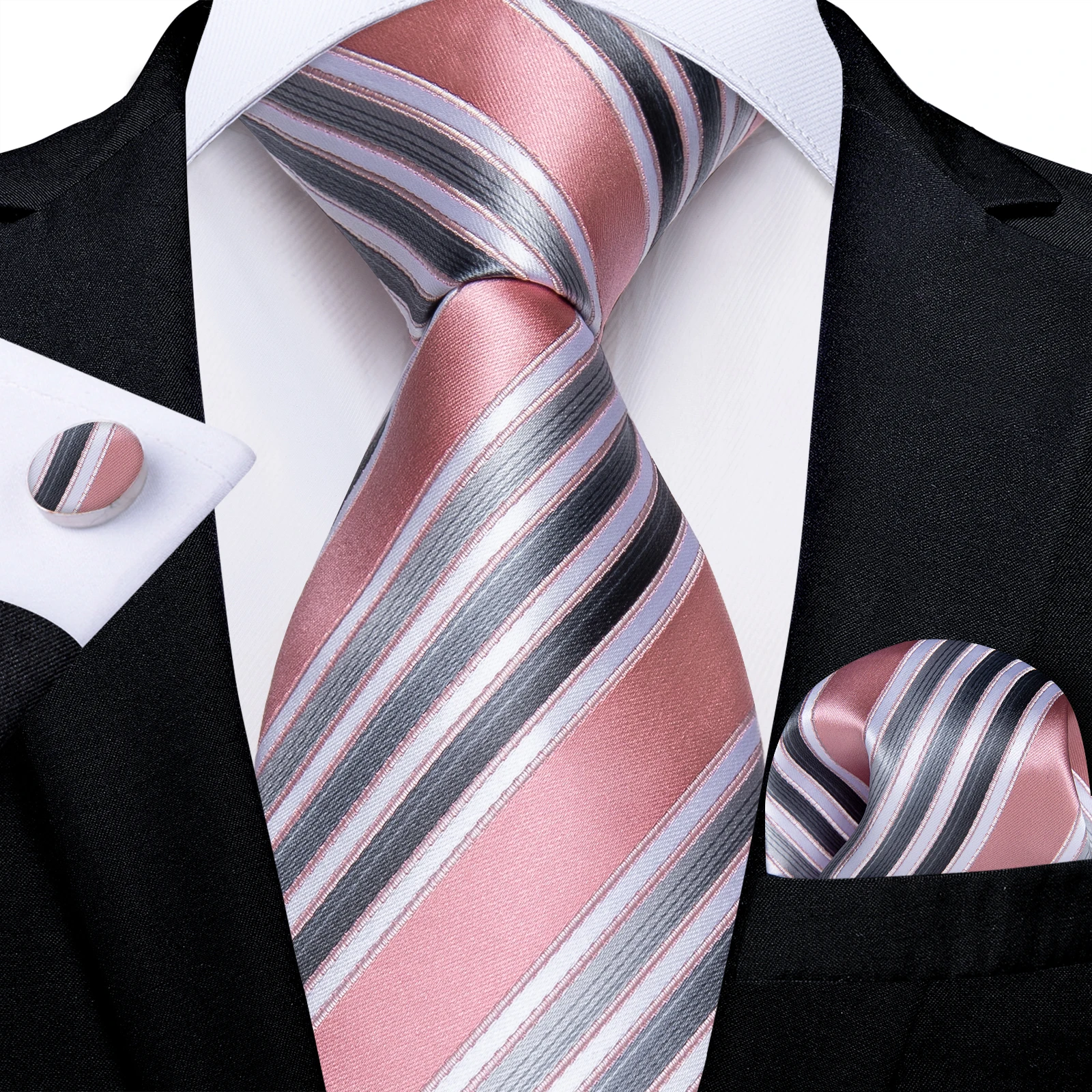 Pink Gray White Striped Fashion Silk Tie Set Handkerchief Cufflinks Gift For Men Accessories Dropshipping Wholesale