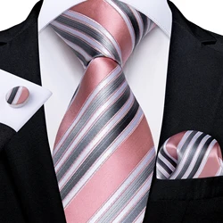 Pink Gray White Striped Fashion Silk Tie Set Handkerchief Cufflinks Gift For Men Accessories Dropshipping Wholesale