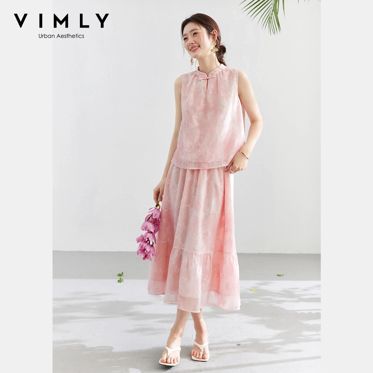 

VIMLY Chinese Style Pink Textured Jacquard 2 Piece Set 2026 Stand Collar Frog Button Sleeveless Top Ruffle Hem Skirt Set A6925