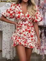 White Red Floral Ruched Puff Sleeve Mini Dress V-neck Ruffle Hem 3d Flower Dresses Summer Lady Party Sweet Date Vestido New 2026 - Image 4