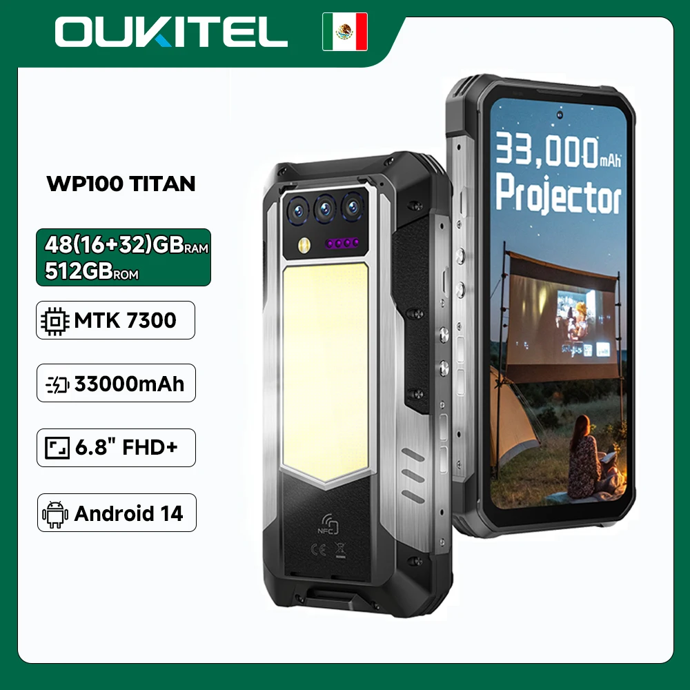 OUKITEL WP100 TITAN 33000mAh Celular con Proyector 200MP Cámara 48GB+512GB 5G Teléfono Rugged Antigolpes Impermeable IP68 66W Carga Rápida 1200LM Linterna Camping Android 14 NFC Huella Dactilar