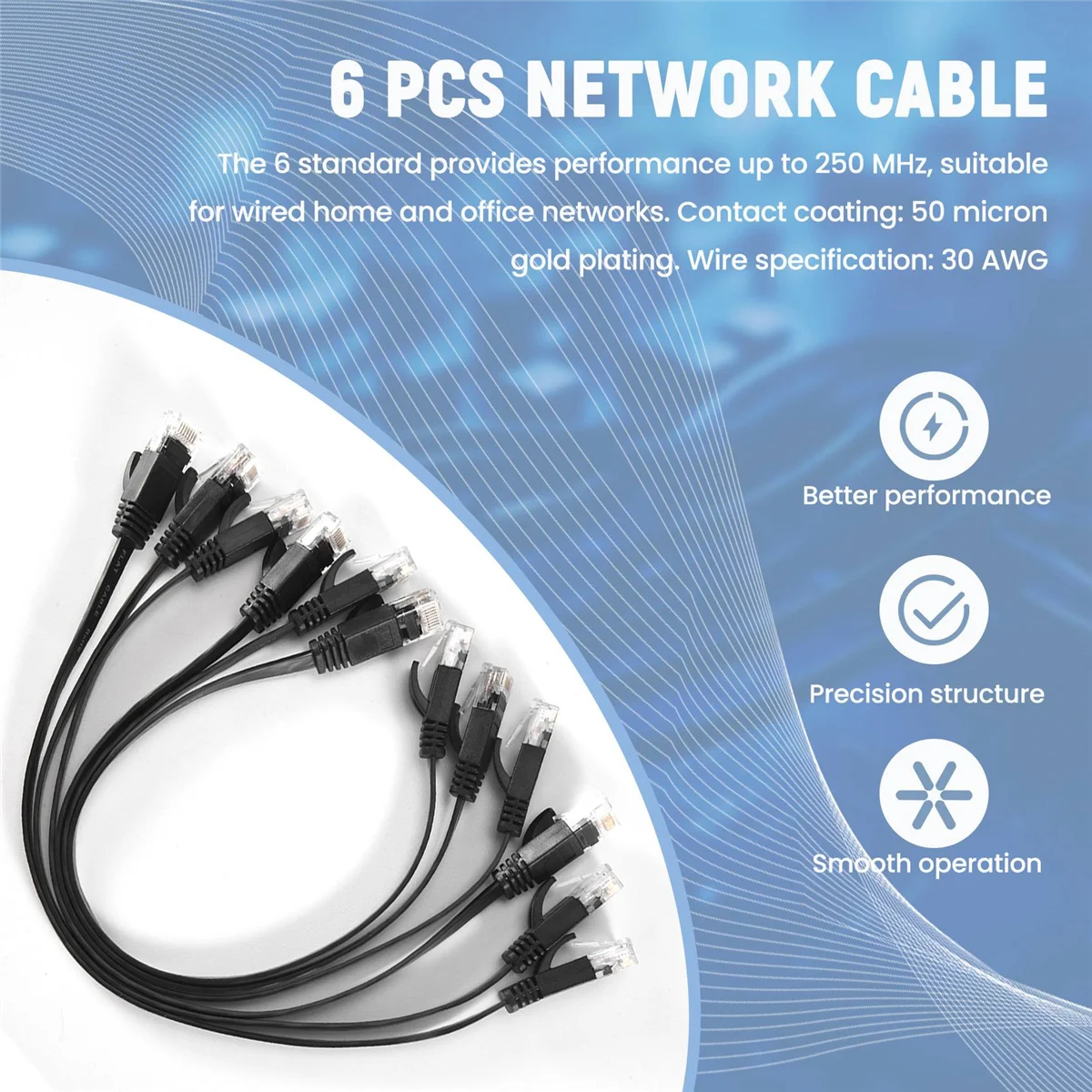 6 buah 1 kaki kabel jaringan Internet datar Solid Cat6 kabel Lan Patch kecepatan tinggi dengan konektor Rj45 tanpa ular