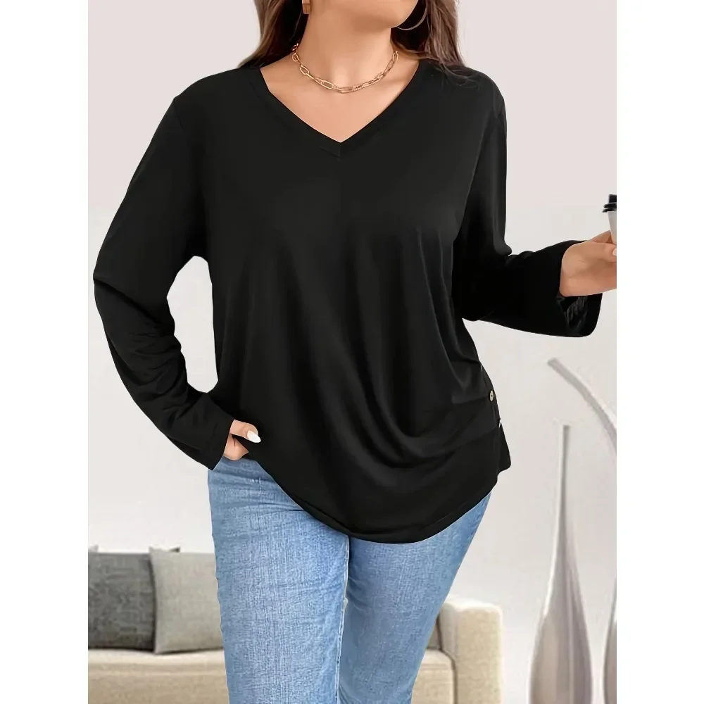 

Плюс размер 1XL-5XL, новая женская однотонная футболка с рюшами на пуговицах, женская повседневная футболка с длинными рукавами