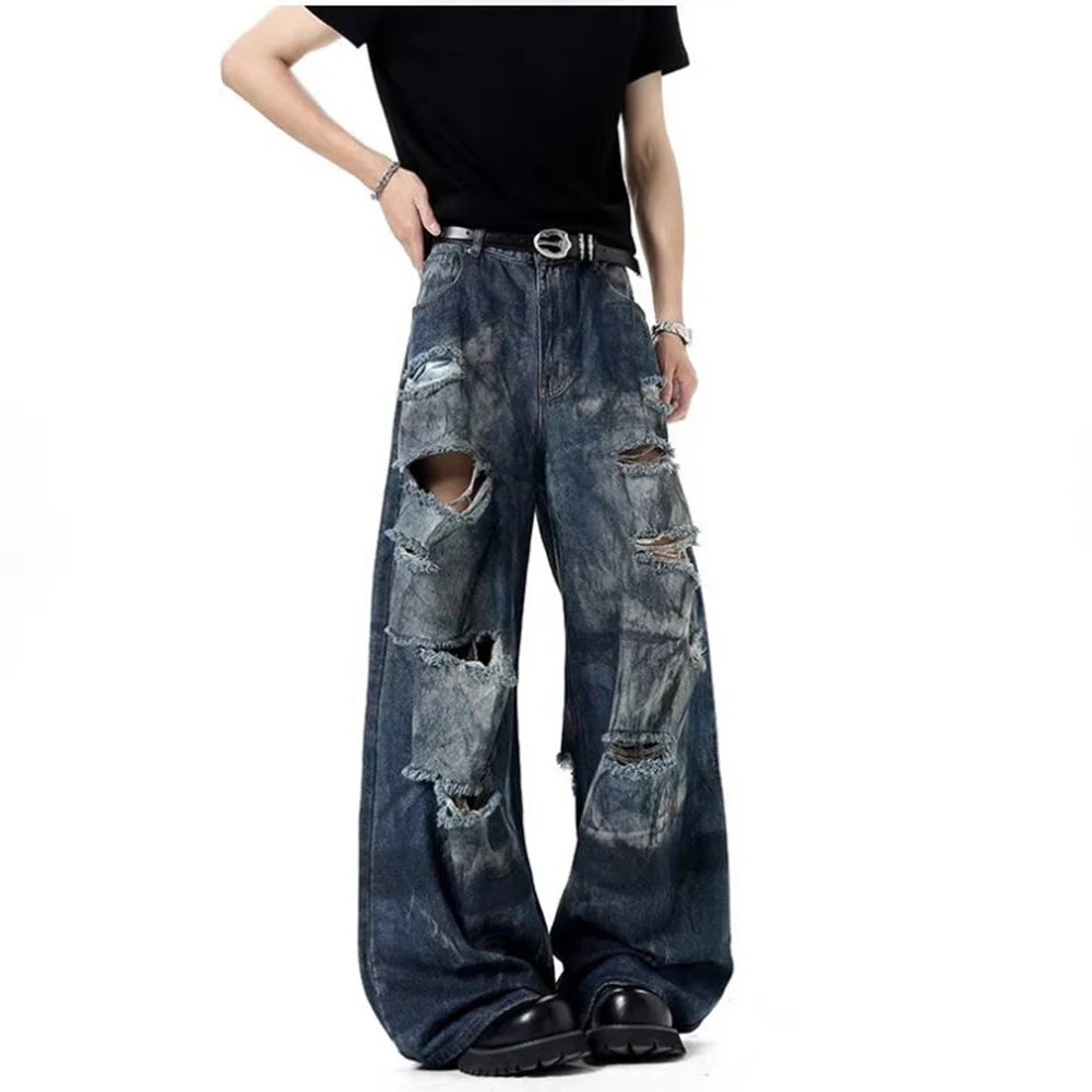 メンズリッピングストレートジーンズアメリカンレトロファッショントレンドハイストリートヒップホップルーズ通気性ニッチ夏の新しいメンズボトムス
