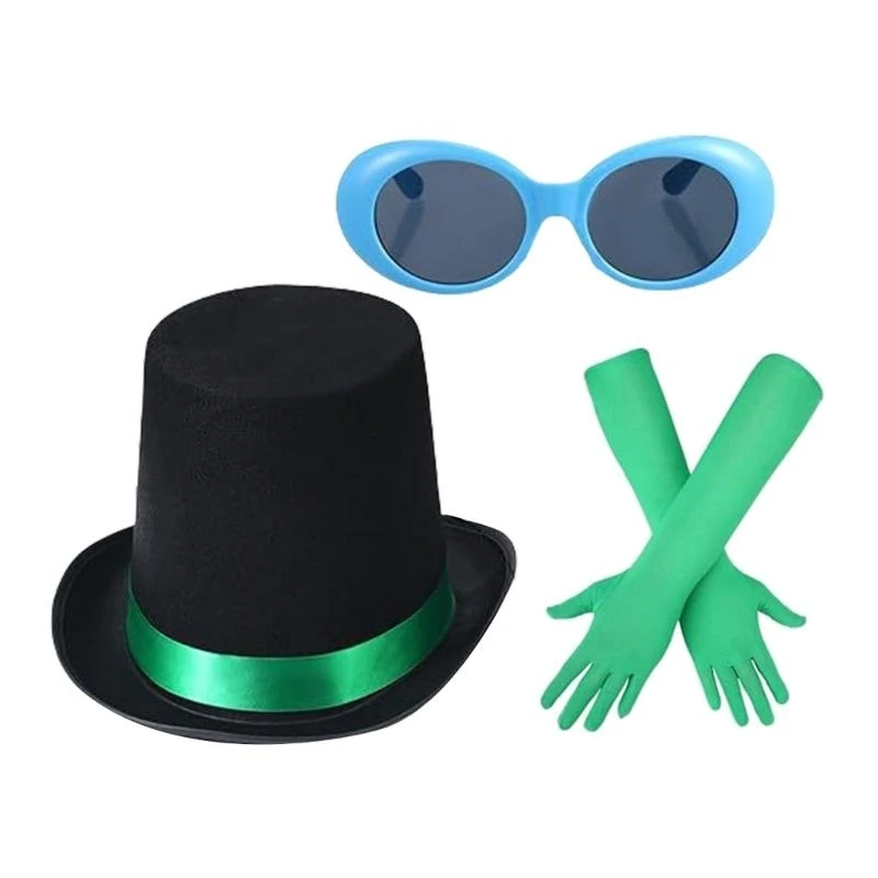 5asd หนังสือตัวละครภาพยนตร์คอสเพลย์เครื่องแต่งกาย 3 ชิ้นสีเขียวฮาโลวีนเครื่องแต่งกายหมวกข้อศอกความยาวถุงมือแว่นตากันแดด