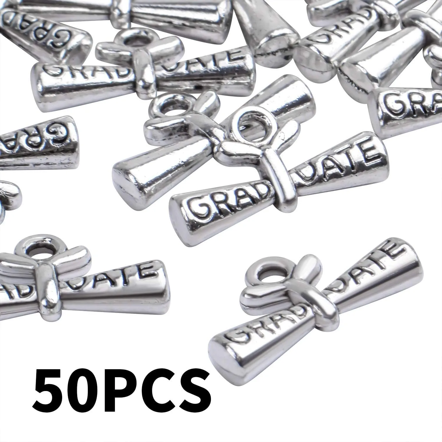 50 قطعة من المعلقات الفضية للتخرج معلقة مع دبلوم لقلادة سلسلة المفاتيح والأساور