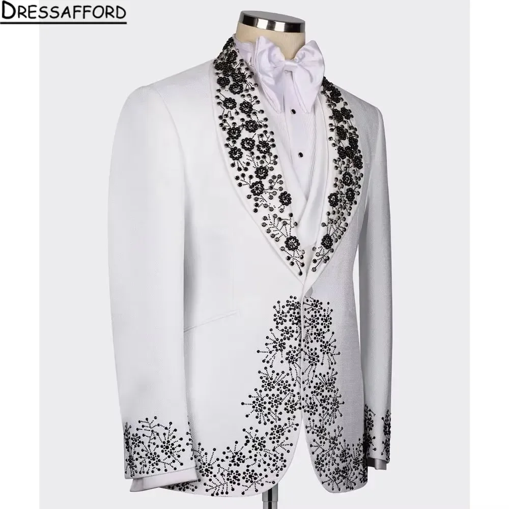 White Suits Men For Wedding 2 Pieces Jacket Pants Pearls Beading Groom Tuxedo Formal Business Banquet