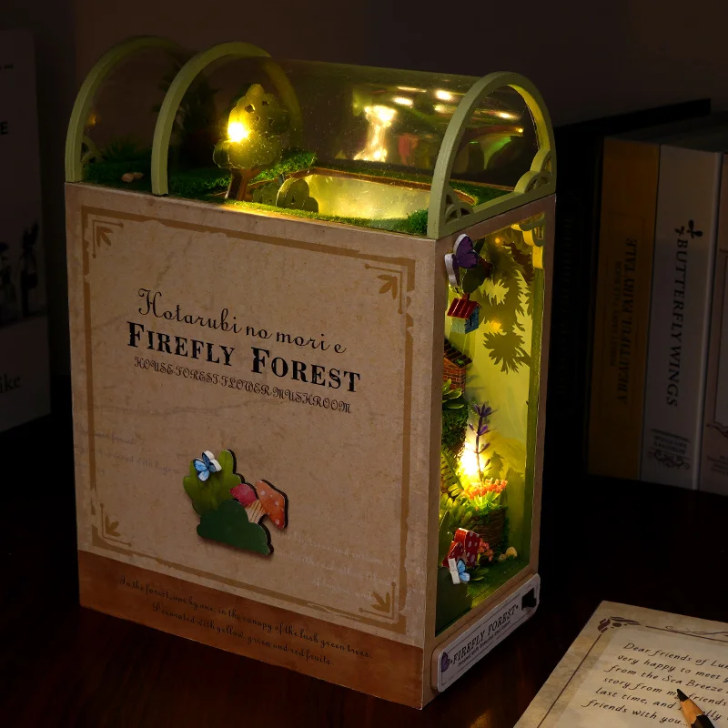 Diy Book Nook Miniatures Shelf Insert Building Kit Firefly Forest 3d Wooden Bookend with Led for Kids Brithday  Christmas Gifts