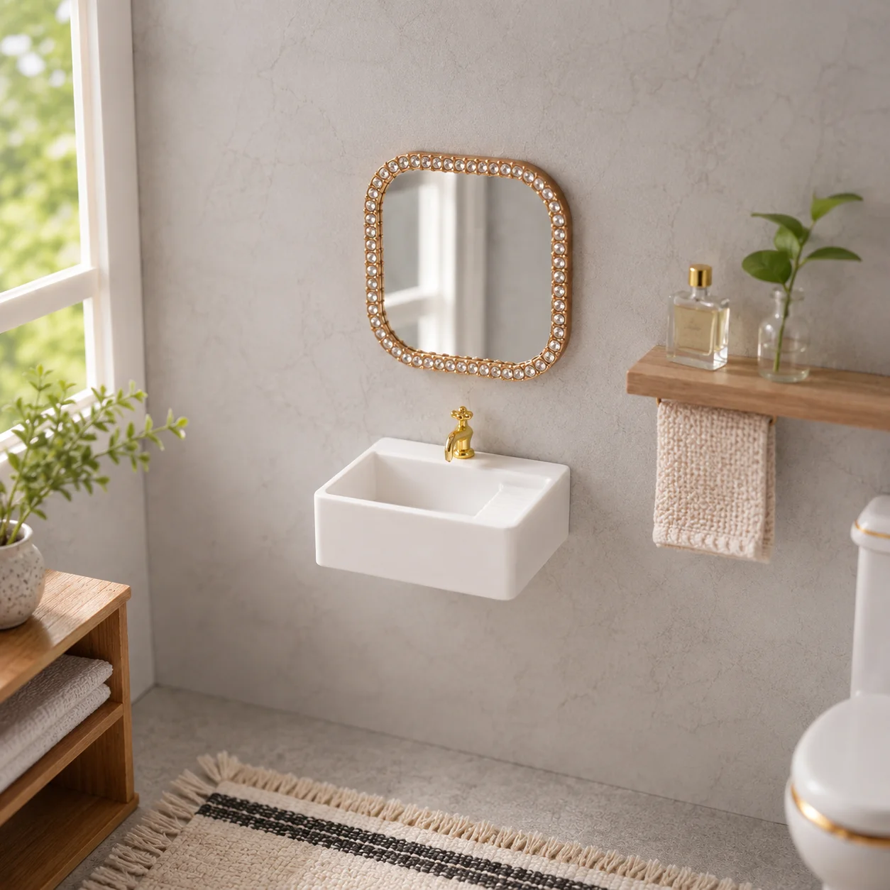 1/12 Scale Bear Square Rhinestone Mirror Gold Faucet Mini Bathroom Sink Set for Dollhouse Decorative Wash Basin Miniature Access