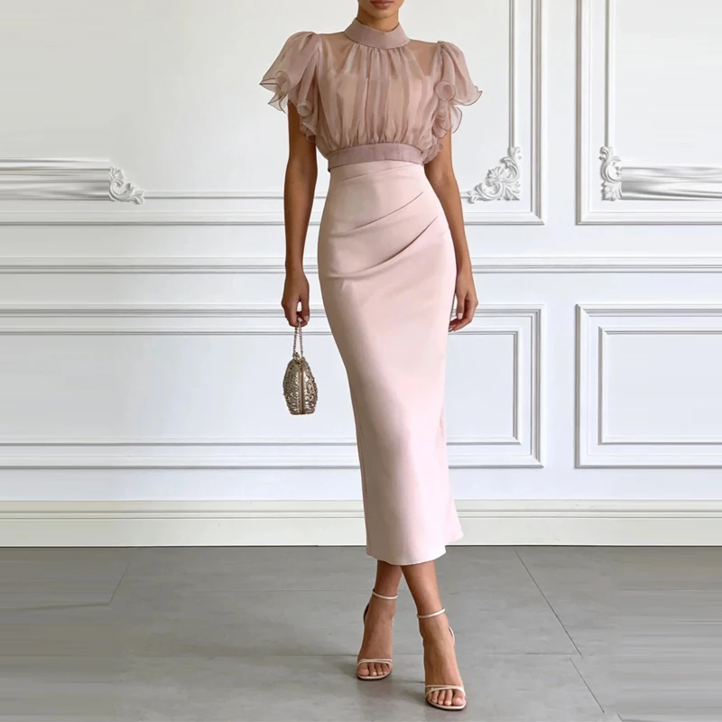 Conjunto de Falda y Blusa de Chifón con Parches, Manga Corta, Verano 2026, Estilo Oficina, Cintura Alta, Línea A, Elegante, para Fiesta