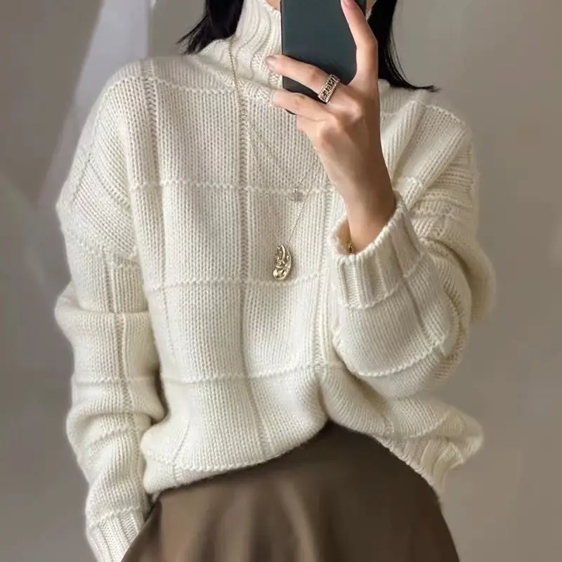 2024 New French Retro Casual High Collar Sweater for Women Autumn and Winter New High-end Fashion Warm Trendy Thick Knitted Top