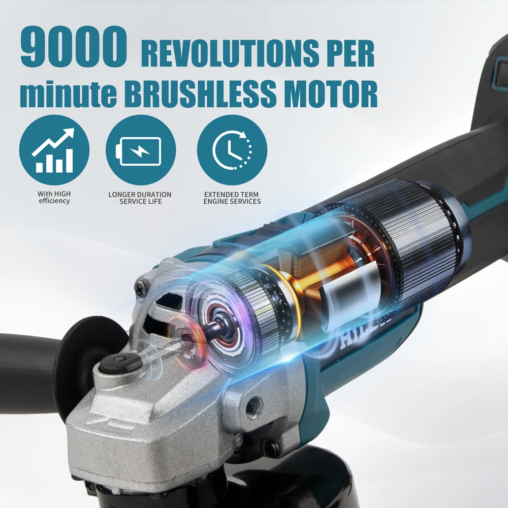 HILDA 21V Brushless Angle Grinder Brushless Polishing Machine Handheld Rechargeable Electric Power Tools for Makita Battery