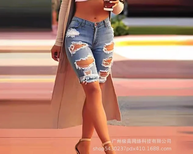 Personality Ripped Mid-Length Pants Women 2024 Summer Trend Street Shot with Slim Stretch Pants Versatile Tight Fit Denim Pants