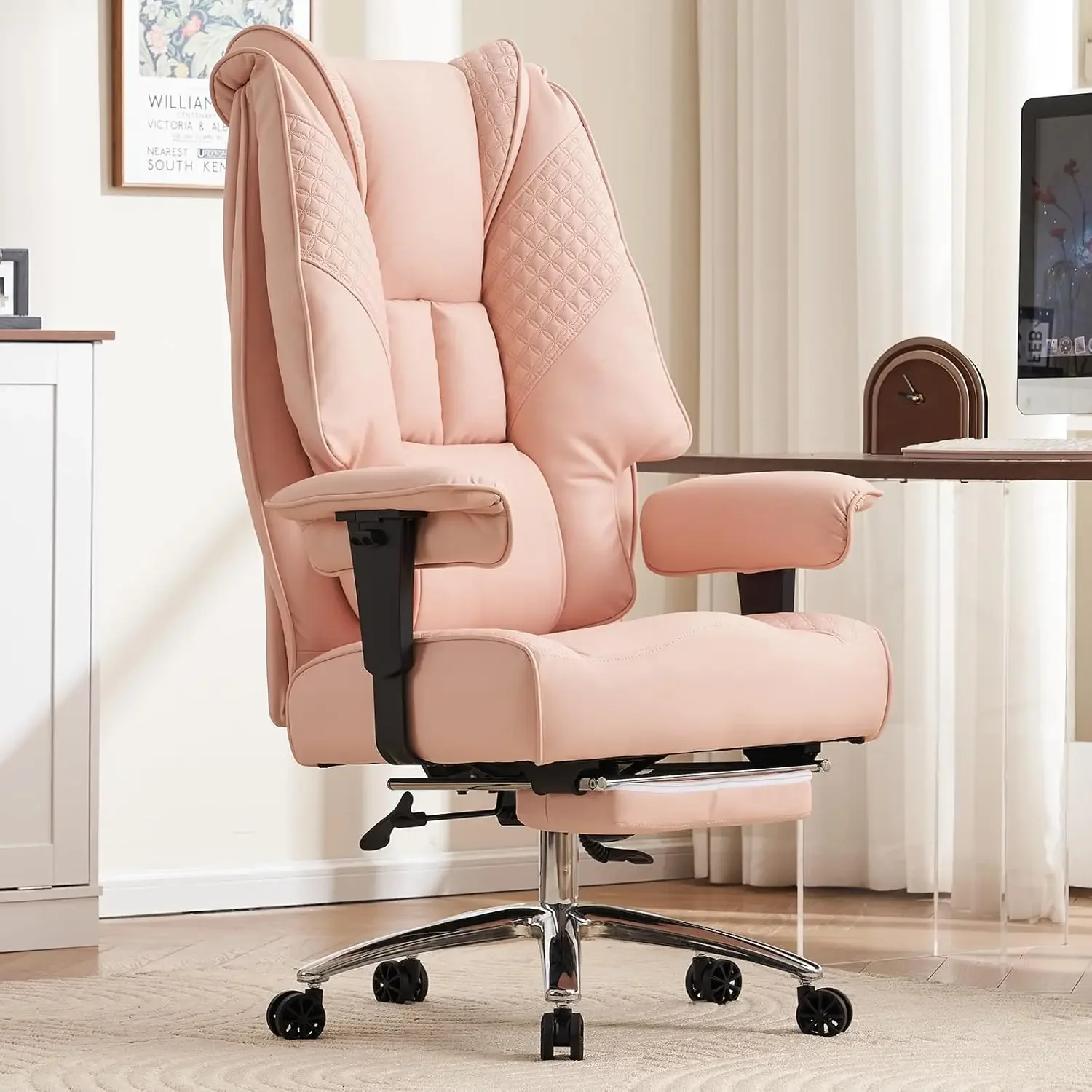 Back Executive Office Chair with Foot Rest, Ergonomic Office Chair Lumbar Support for Lower Back Pain Relief (Light Pink)