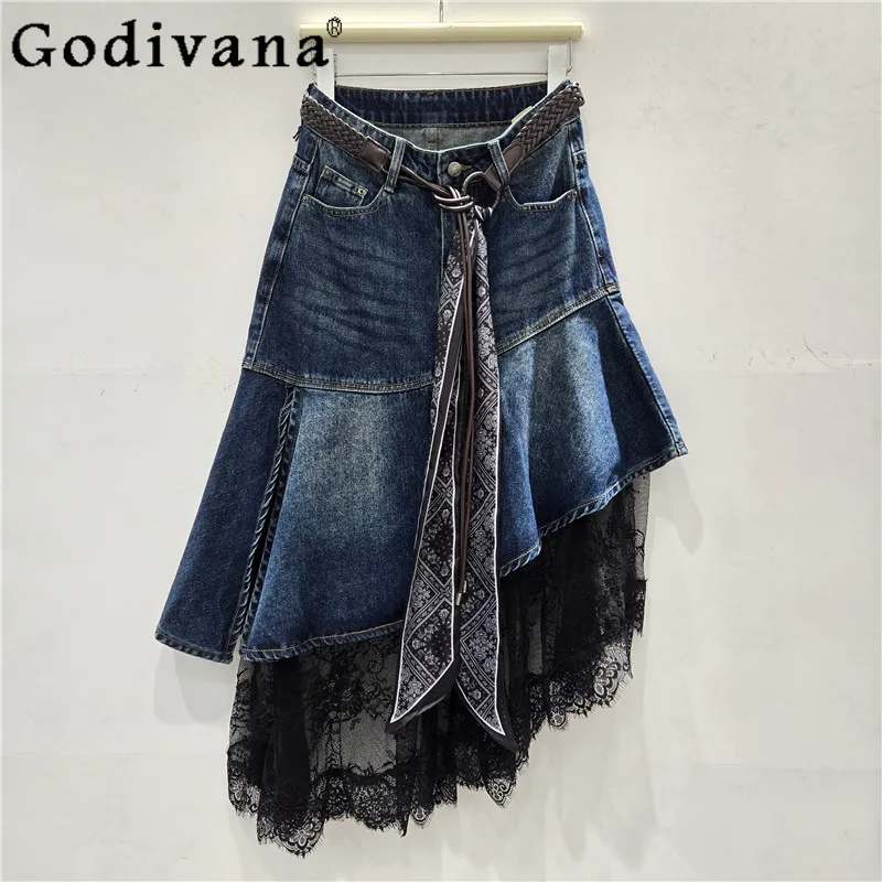 

Sexy Irregular Lace Splicing Fashion High Waist A-line Denim Skirt Girl Autumn Versatile European American Personality Skirts