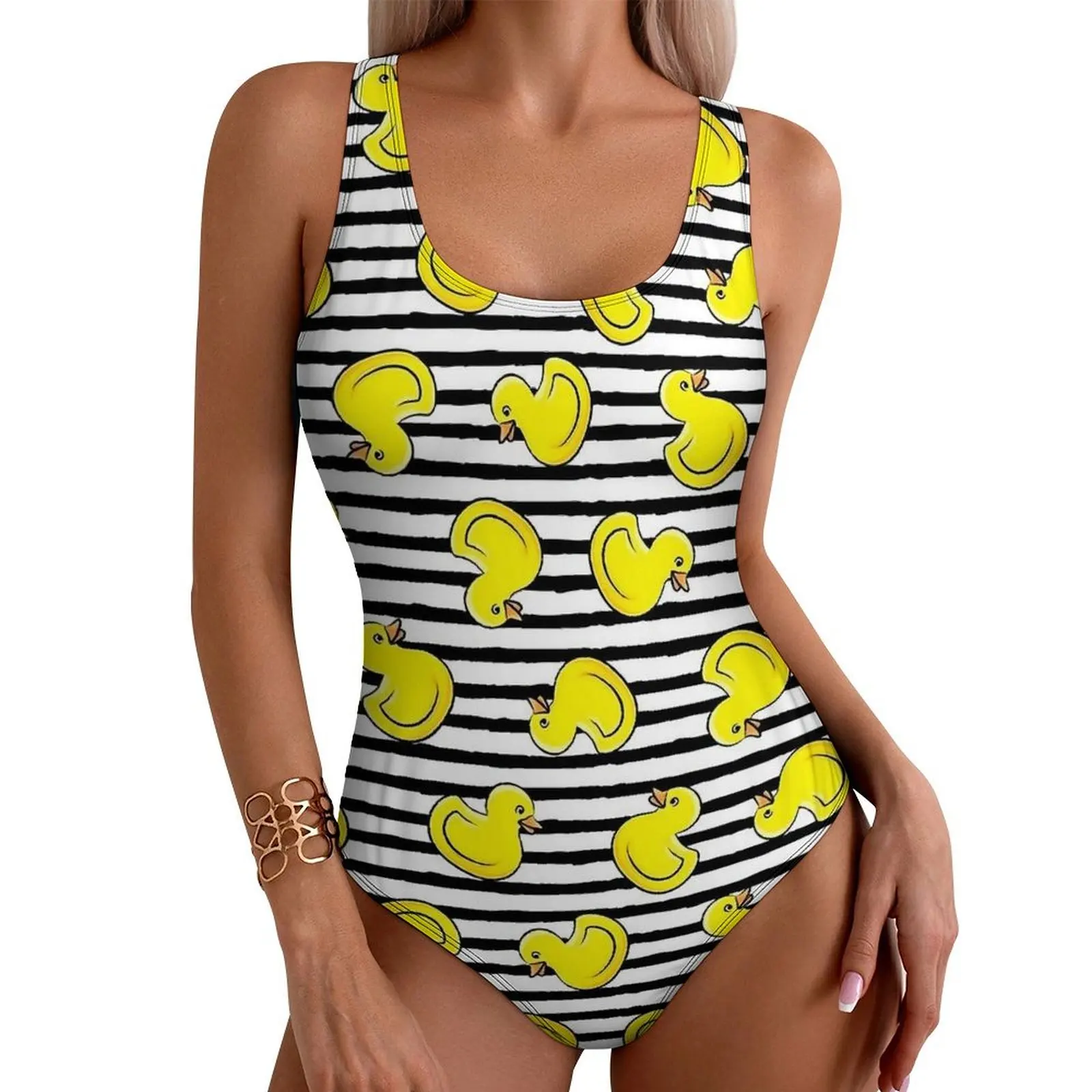 Rubber Ducks Swimsuit Sexy Black Stripes Women Swimwear One Piece Trend Bodysuit Beach Push Up Cut Out Monokini