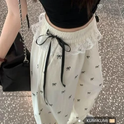 Y2K Lace Patchwork Wide Leg Pants Summer New Elastic Waist Loose Printing Bow Casual Straight Pants Fashion Korean Women Clothes