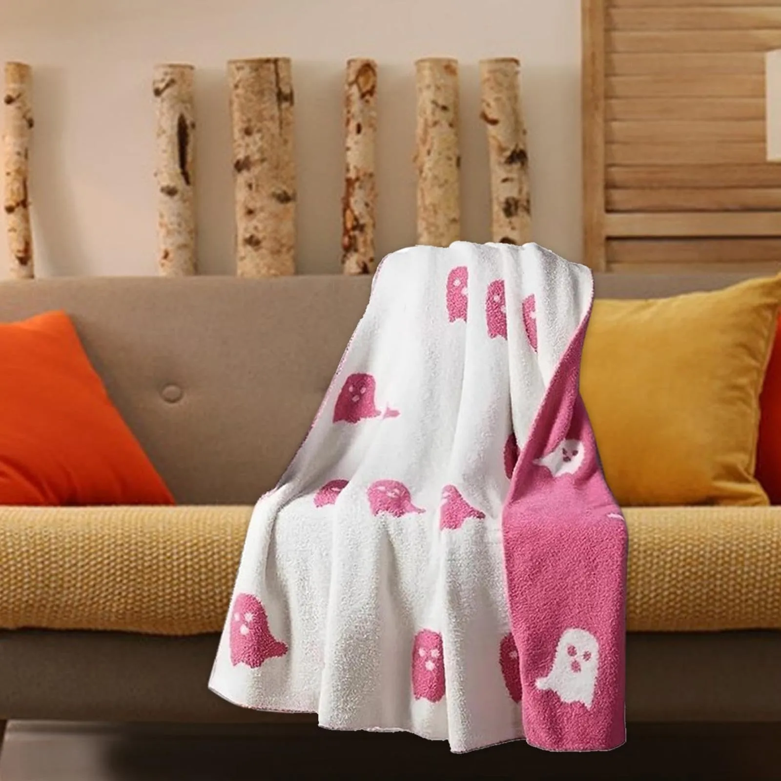 Halloween Pink Ghost Printed Blanket Warm Double-sided Flannel Blanket Winter Comfortable Warm Blanket Multi Purpose For Bedding