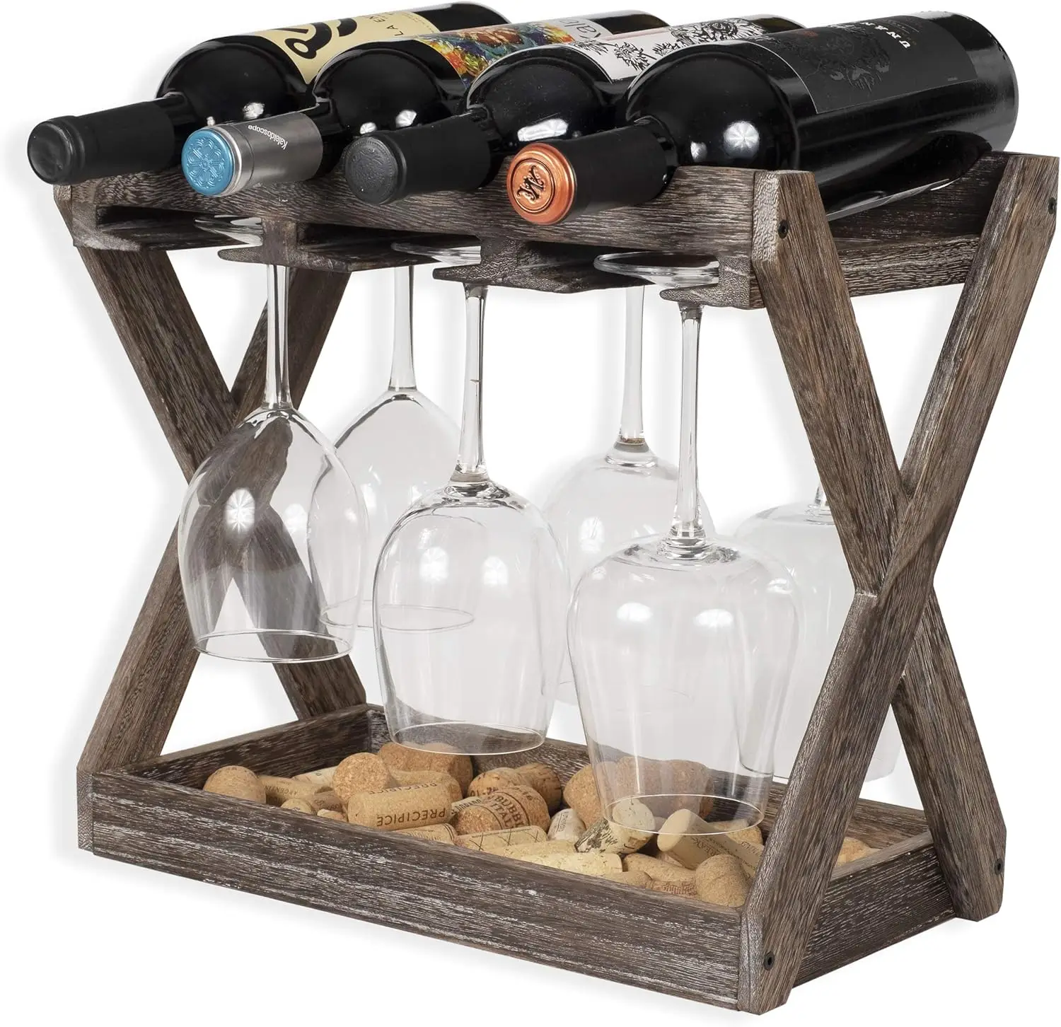 

Cava Countertop Solid Wood Wine Rack for 4 Bottles and 6 Stemware Glass Holder Cork Storage Tabletop Tray Freestand