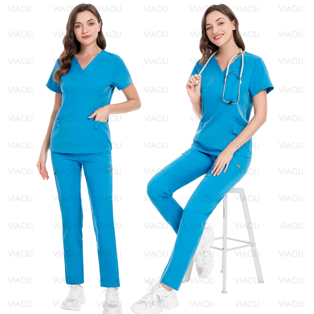 Uniformes cirúrgicos de alta qualidade para mulheres, manga curta, gola V, calça superior e reta, conjunto de esfoliante médico, terno clínico, uniformes de enfermagem