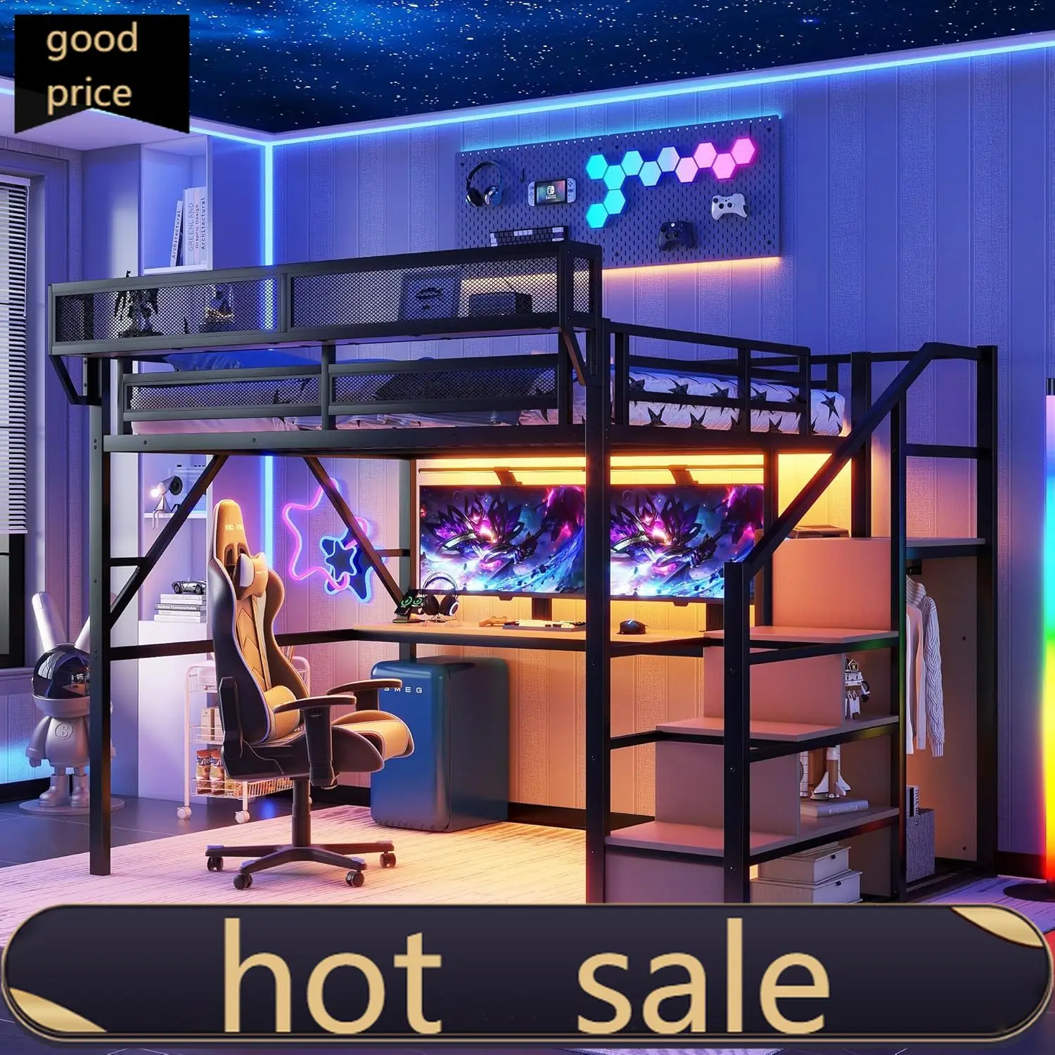 Mirightone Queen Loft Bed with Desk and RGB Light, Metal Loft Bed Frame with Stairs and Bedside Shelf, Heavy-Duty Lofts Beds wit