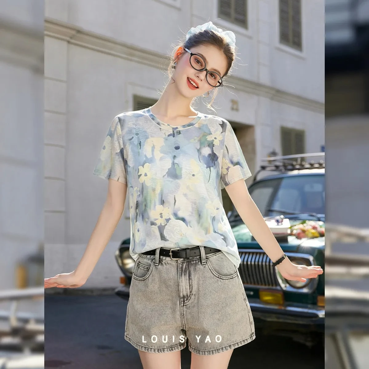 LOUIS YAO Women's T-Shirts 2026 Summer Crew Neck Regular Shoulder Hazy Floral Artistic Casual Top Slight Stretch Knit T-Shirt